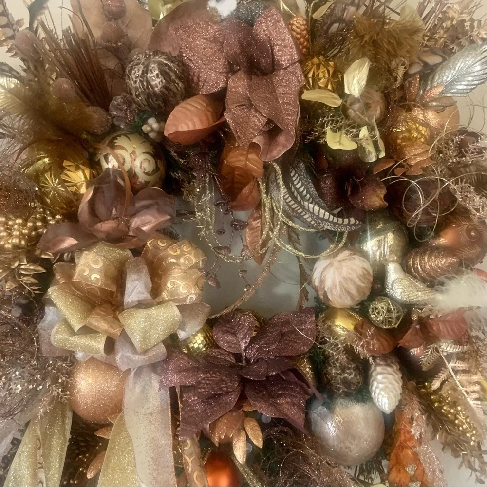 New Large 32” Elegant Floral Christmas Bronze Gold Luxury Wreath With Lights